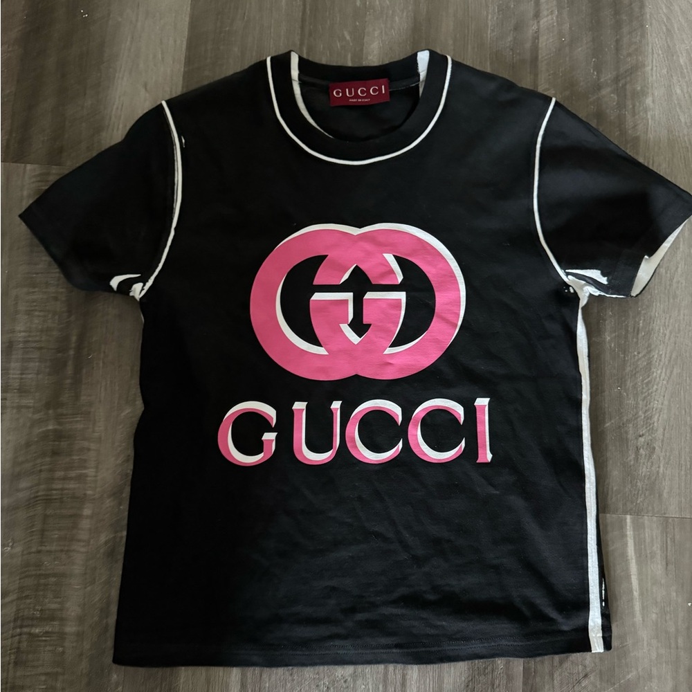 Gucci Black Tee with Pink Logo